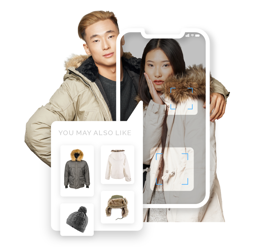 swap-product-discoverability-winter animated gif of a mobile phone screen appearing over a photo of a fashionable couple, scanning their clothing and displaying recommendations